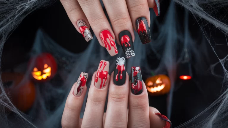 A stylish hand model displaying an array of unique Halloween-themed blood splatter nail designs. The nails feature a variety of styles, including glossy red drips on a nude base, matte black with glossy blood splatter, and glitter-enhanced blood drops. Each nail on the hand is a different design, showcasing spooky patterns like vampire bite marks, spider webs, and glow-in-the-dark splatters. The background is dark and eerie, with subtle Halloween decorations like cobwebs, pumpkins, and dim lighting to set a spooky, stylish atmosphere.