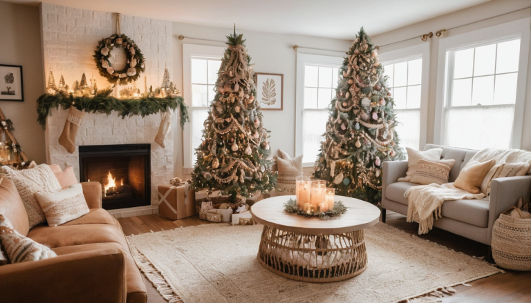 A cozy, boho-inspired living room during the Christmas season with a beautifully decorated Christmas tree as the centerpiece. The tree is adorned with a mix of vintage ornaments, dried flowers, macrame garlands, and crystals, exuding an Anthropologie-inspired aesthetic.