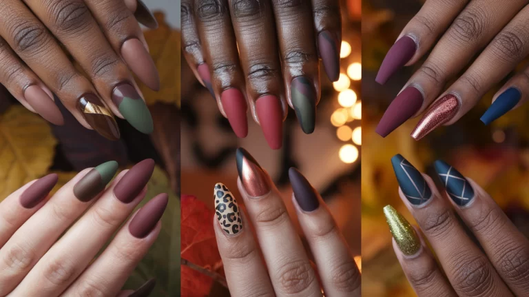 A different fall nail design for Black women. The nails include a variety of shapes like almond, stiletto, coffin, and square, all featuring trendy fall colors.