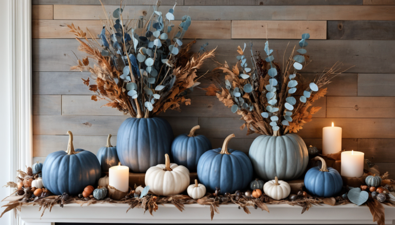 A cozy fall setting featuring a beautiful arrangement of blue pumpkins in various shades, surrounded by natural autumn elements like dried leaves, eucalyptus, and rustic wooden accents.