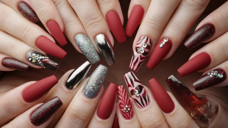 vibrant and stylish nails with cherry red and deep brown hues. Include designs like ombre, glitter, chrome, and marble effects, with accents like rhinestones, foil, and drip art.