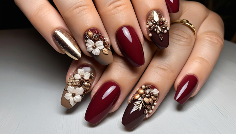 A modern and stylish set of nails showcasing various cherry mocha nail designs for fall. The image features a variety of nail shapes including almond, stiletto, and square, with intricate detailing like ombre fades, matte finishes, glitter accents, gold foils, and geometric patterns. The nails are painted in rich cherry red and mocha brown hues, with highlights of metallics, florals, and 3D embellishments like pearls and rhinestones. The background is a soft, cozy fall theme with warm tones, matching the rich and elegant mood of the season