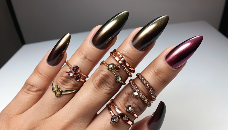 A set of various nail designs displayed on different hand models, showcasing 10 distinct fall chrome nail ideas. Each hand features a different design, including burnt orange chrome, plum metallic, olive green with chrome accents, copper ombre, nude chrome with gold flakes, rose gold chrome, smoky chrome marble, metallic burgundy, charcoal chrome with glitter tips, and iridescent holographic chrome. The nails vary in length and shape, from short and square to long stiletto, with a vibrant, reflective finish that captures the essence of fall's rich, warm colors