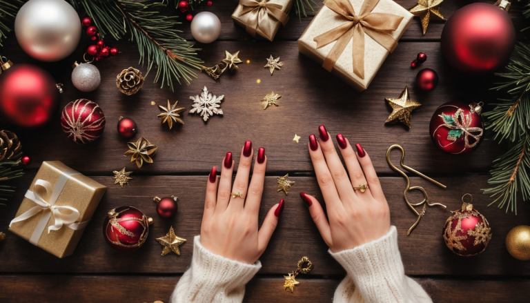 A beautifully styled flat lay featuring classy Christmas nail design on a wooden table