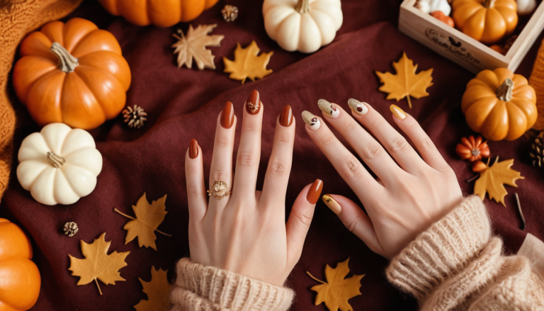 A cozy fall scene with a pair of hands showing beautifully manicured Disney-inspired nails