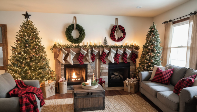 A cozy farmhouse-style living room decorated for Christmas, with a rustic wooden mantel adorned with burlap stockings, pine garland, and fairy lights. In the foreground, a large, beautifully decorated Christmas tree