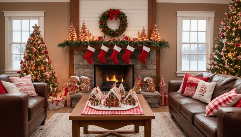 A cozy Christmas scene featuring a gingerbread-themed living room