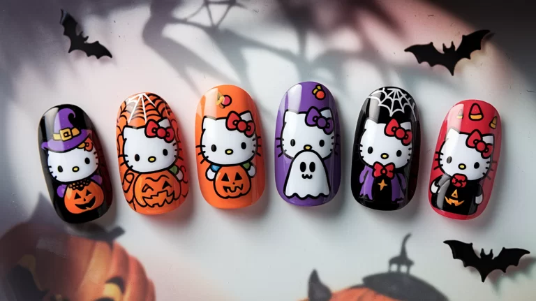 A set of trendy Halloween-themed nails featuring Hello Kitty in various spooky costumes, including a witch, pumpkin, ghost, and vampire. The nails are painted in a mix of Halloween colors like black, orange, purple, and red, with accents of spider webs, haunted houses, and candy corn.