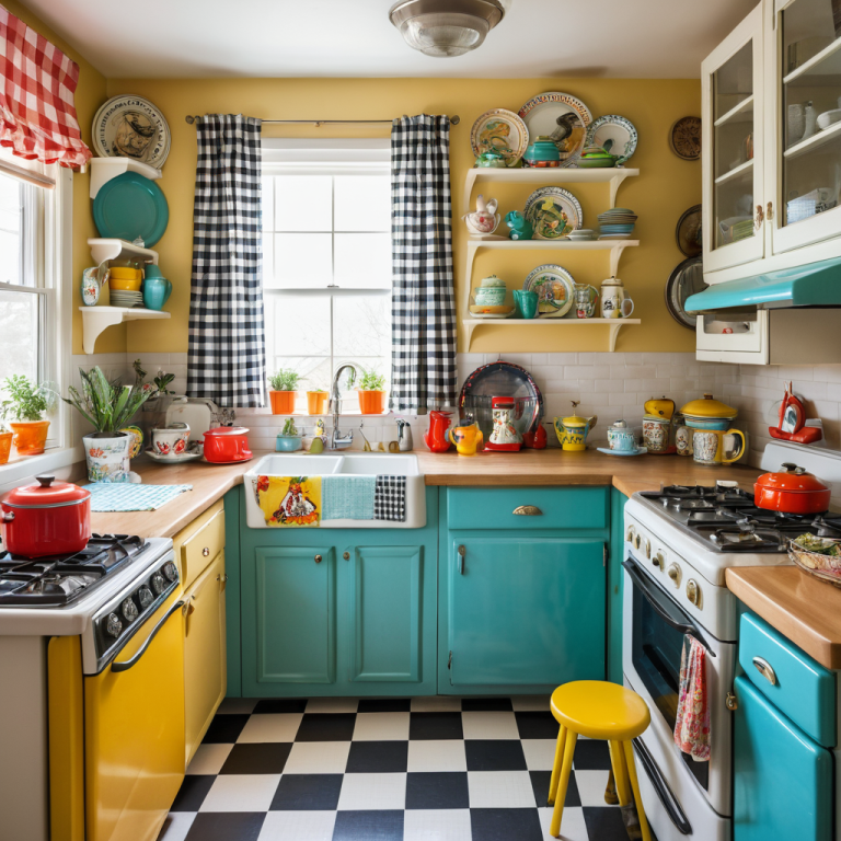 A vibrant, cozy kitchen featuring a mix of vintage tin signs, colorful retro appliances, bold patterned curtains, mismatched retro dishware, quirky ceramic animal planters