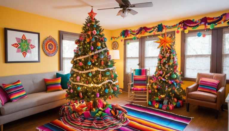 A beautifully decorated Mexican Christmas tree in a cozy living room.