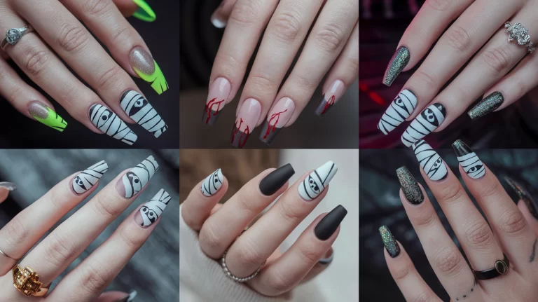 A set of trendy and spooky mummy-themed nail designs displayed on well-manicured female hands