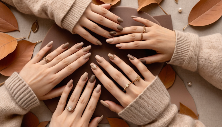 A close-up of hands showcasing various neutral fall nail designs, including matte taupe, beige, and nude shades, with gold foil accents and glitter on some nails. The nails are shaped in almond and square styles.