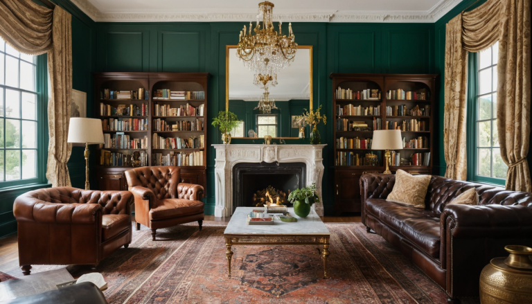 A beautifully designed classic living room with luxurious old money decor, showcasing vintage Persian rugs, a rich brown leather Chesterfield sofa, and dark wood furniture.