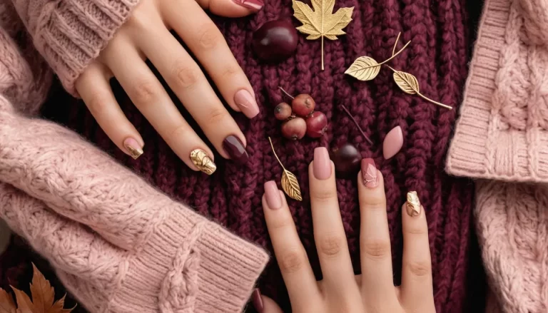 A collection of chic fall pink nail designs displayed in a cozy, autumnal setting. The nails feature a variety of trendy designs including blush pink with gold leaf accents, pink ombre with burgundy tips, matte rose pink with black geometric lines