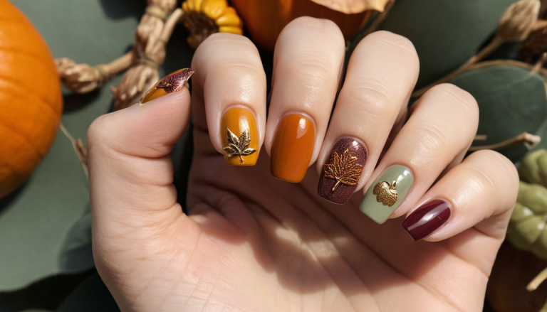 The nails showcase a variety of styles, including burnt orange with white pumpkin accents, glittering gold details, matte finishes, and bold, vibrant colors.