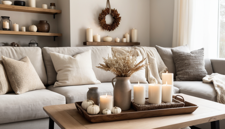 Cozy Scandinavian fall living room with neutral-toned pillows, wool blankets, rustic wooden coffee table, candle cluster, dried flowers in a vase, and floating shelves with simple decor.