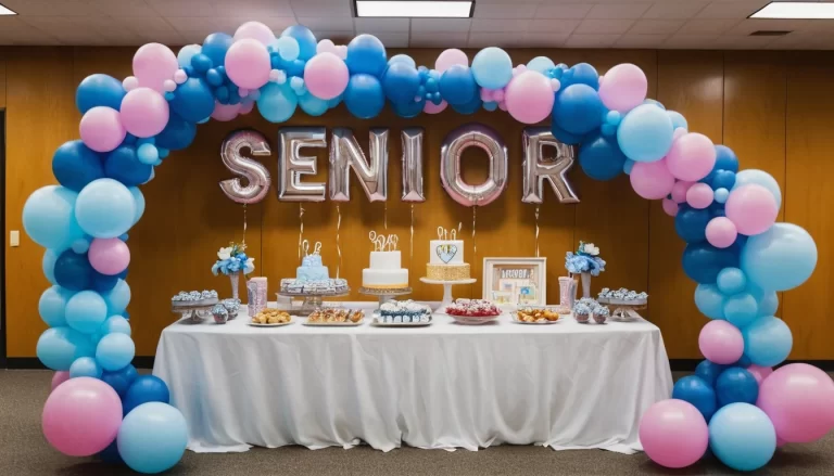 Senior night table display featuring a balloon arch in pink and blue, with a large 'SENIOR' sign in silver balloons. The table is decorated with a variety of snacks, cupcakes, a white cake, and personalized framed memorabilia, creating a festive and celebratory atmosphere