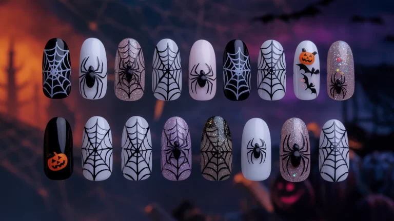 The image showcases a variety of nail shapes and lengths, each adorned with intricate spider web patterns in black, white, and glittery accents.