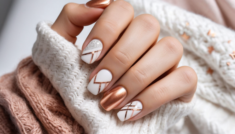 A stylish set of manicured hands showcasing various elegant white fall nail designs.