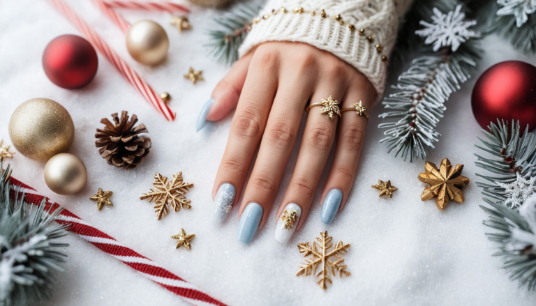 A beautifully styled flat lay featuring an assortment of winter Christmas nail designs.