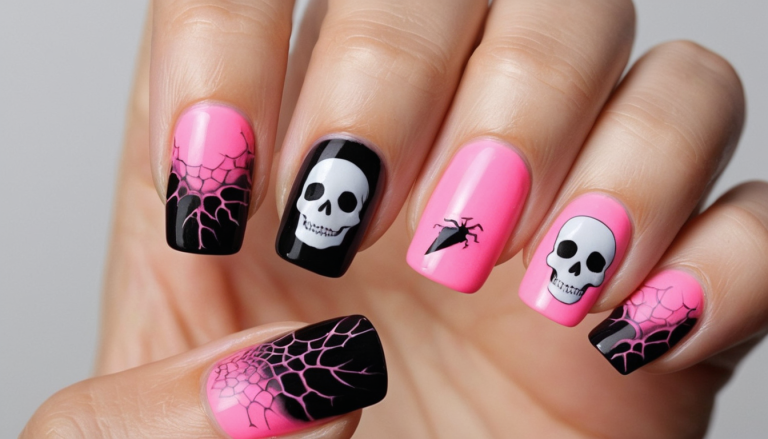 A hand featuring Halloween-themed spooky nail art with a combination of pink and black designs