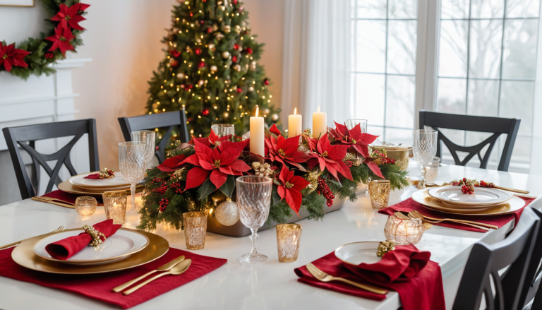 A beautifully set Christmas dining table featuring red and gold accents. The centerpiece is adorned with red poinsettias, greenery, and gold ornaments, flanked by glowing candles. Each place setting includes gold-rimmed plates, red napkins, and crystal glassware, creating a warm, festive atmosphere. In the background, a Christmas tree is twinkling with lights, completing the cozy holiday scene.