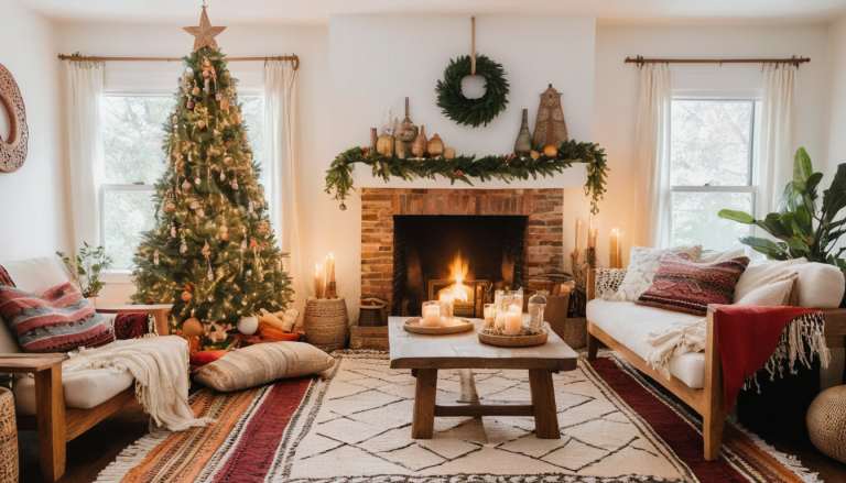 A cozy bohemian-style living room decorated for Christmas. The space features a Christmas tree adorned with natural, handmade ornaments, a star topper, and warm white lights. The tree sits beside a rustic brick fireplace, which is decorated with a garland of greenery and gold accents, along with various boho elements such as woven baskets and lanterns. The room is accented with earthy tones, layered textured rugs, wooden furniture, and soft throw pillows. Candles on a wooden coffee table add a soft, warm glow, completing the festive and relaxed ambiance.