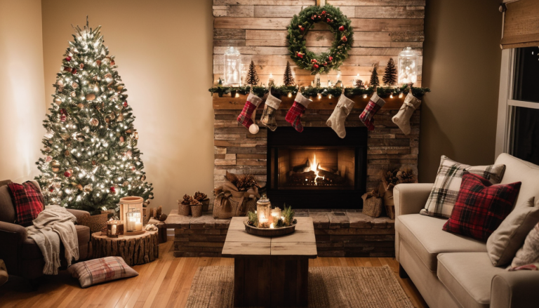 A cozy living room decorated for Christmas with a glowing fireplace. The mantel is adorned with stockings, pine cones, and a festive wreath. A warmly lit Christmas tree stands in the corner, decorated with rustic ornaments, while plaid pillows and blankets add a cozy touch to the armchair and couch. Lanterns and candles placed on a wooden coffee table complete the inviting, rustic ambiance.