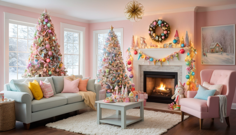 A cozy Christmas living room featuring a pastel-colored Christmas tree decorated with oversized candy ornaments and rainbow garlands. The mantel is adorned with colorful nutcrackers, playful elves, and soft woodland creatures beneath a snowy garland. Twinkling star lights and vibrant decor create a whimsical, magical holiday atmosphere filled with bright colors and festive charm.