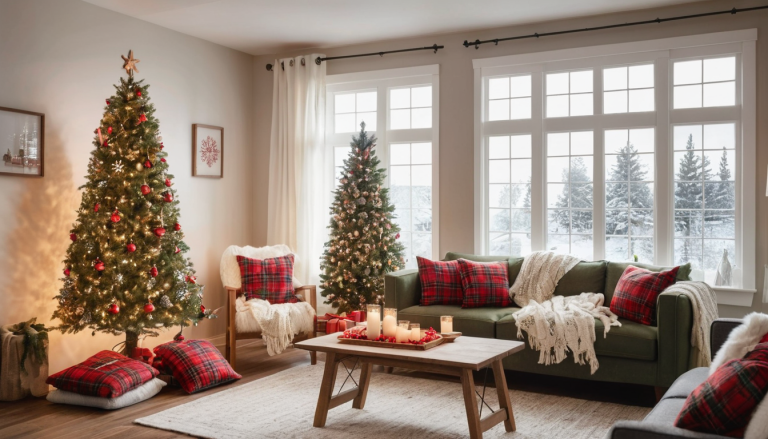 A beautifully lit Christmas tree with red and gold ornaments stands beside a window, with snow-covered trees visible outside. The room features a green couch adorned with red plaid pillows and a soft throw blanket, while a wooden coffee table is topped with lit candles in glass holders. Another smaller Christmas tree is placed near the window, adding to the holiday warmth. The overall scene is filled with soft, warm lighting, giving the space a charming and inviting Christmas ambiance.