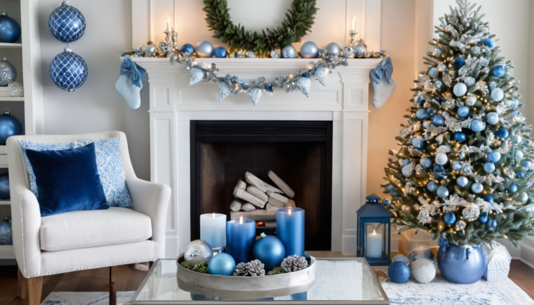 A beautifully decorated living room for Christmas with blue and white accents. A Christmas tree stands to the right, adorned with blue and silver ornaments, softly lit by warm lights. The white fireplace mantel is draped with a festive garland of silver and blue baubles, with blue stockings hanging from it. A large green wreath and silver candlesticks sit above the mantel. In front of the fireplace, there is a coffee table with a silver tray holding blue candles, ornaments, and frosted pinecones. A white armchair with a blue velvet pillow completes the cozy scene.