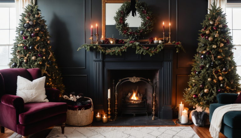 A cozy living room decorated with moody Christmas decor, featuring a dark evergreen tree adorned with matte black ornaments, deep burgundy velvet ribbons, and warm fairy lights. A fireplace is draped with a eucalyptus garland and vintage brass candle holders, casting a soft glow. The room includes plush faux fur throws, burgundy and black pillows, and an antique mirror reflecting the festive, dramatic scene. The overall mood is cozy, elegant, and festive, with deep, rich colors and warm, ambient lighting.