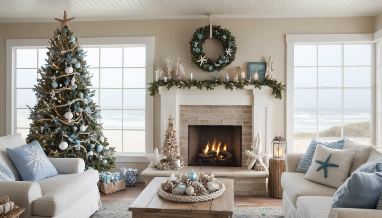 A cozy coastal living room decorated for Christmas with a beautifully lit tree adorned in seafoam green, white ornaments, and nautical rope garlands. The fireplace mantel features a beach-inspired wreath with starfish and greenery, while soft blue accents and seashell decor complete the serene, beachy ambiance. Large windows reveal a peaceful ocean view in the background, adding to the tranquil holiday setting. The room exudes a blend of warmth and coastal charm, perfect for celebrating a beach-inspired Christmas.