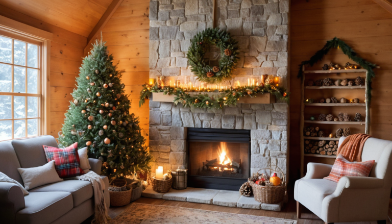 A cozy living room decorated for Christmas with a natural, rustic theme. A large evergreen wreath adorned with dried orange slices, pinecones, and cinnamon sticks hangs above a stone fireplace. The mantel is draped with a garland made from foraged greenery and twinkling fairy lights. The Christmas tree, decorated with handmade wooden ornaments and dried citrus garlands, stands by the window, glowing with soft, warm lights. In front of the fireplace, a woven basket filled with pinecones and birch logs sits next to a comfy armchair draped with a plaid blanket. Snow-covered trees can be seen through the window in the background.