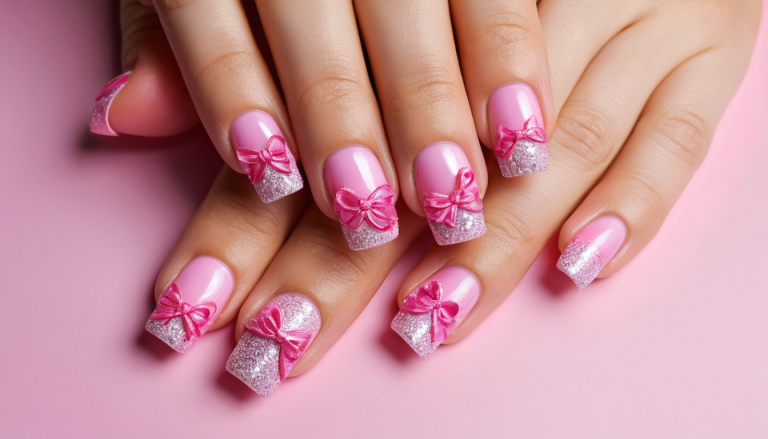 a set of glossy, feminine nails with a light pink base and sparkly silver glitter tips. Each nail is adorned with a delicate, three-dimensional pink ribbon, symbolizing breast cancer awareness. The combination of glitter and ribbons creates a playful yet meaningful design, perfect for adding a touch of glam while supporting a cause. The hands are displayed against a soft pink background, enhancing the overall look