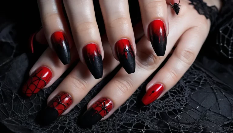 A striking close-up of a hand with various red Halloween nail designs, including blood drips, spiderwebs, and black lace accents. The nails are long and coffin-shaped with a mix of matte and glossy finishes. The background is dark and eerie, featuring subtle Halloween elements like dim lighting, faint spiderwebs, and soft shadows, adding a spooky yet chic atmosphere to the overall look.