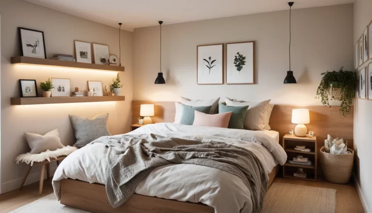 A cozy, small bedroom with a low-profile bed, layered blankets, and soft pillows