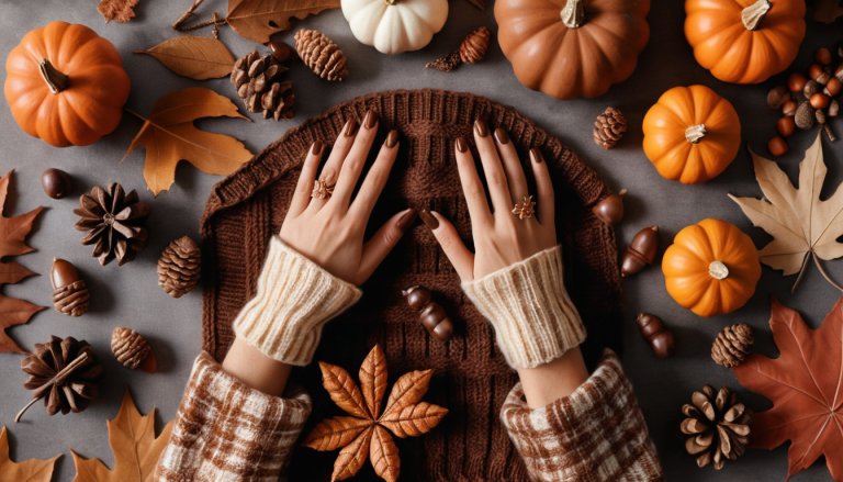 A stylish flat-lay image featuring a pair of hands with beautiful fall-themed brown nail design