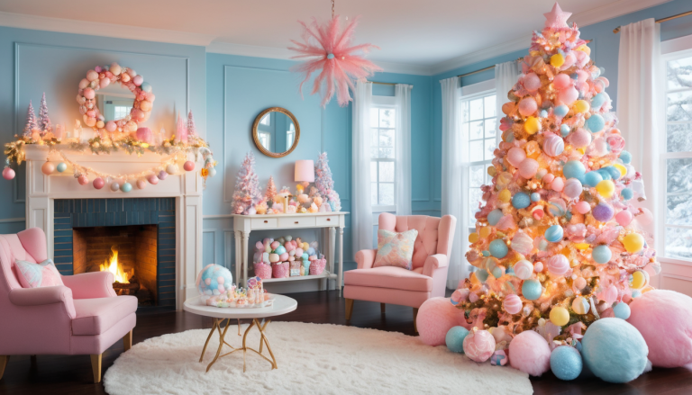 A whimsical Candyland-inspired Christmas tree set in a cozy, warmly lit room.