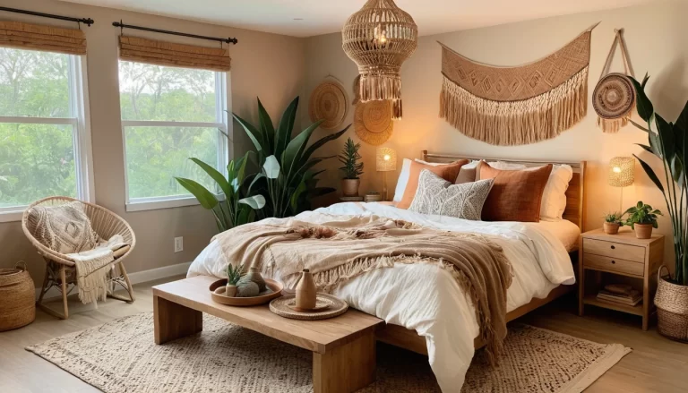 Create a cozy, stylish boho bedroom scene with a blend of earthy tones and vibrant accents