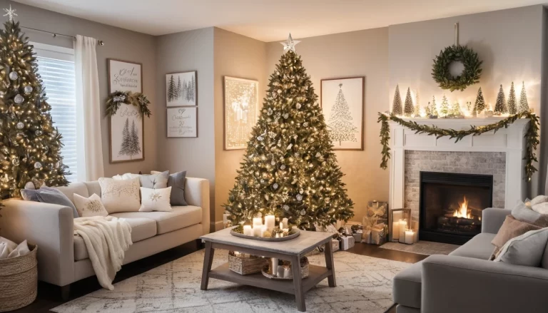 A cozy and stylish living room decorated for Christmas, featuring a combination of unique wall decor ideas.