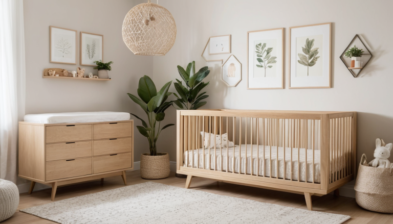 A stylish, cozy nursery with a gender-neutral design featuring soft, earthy tones and a modern, inviting atmosphere