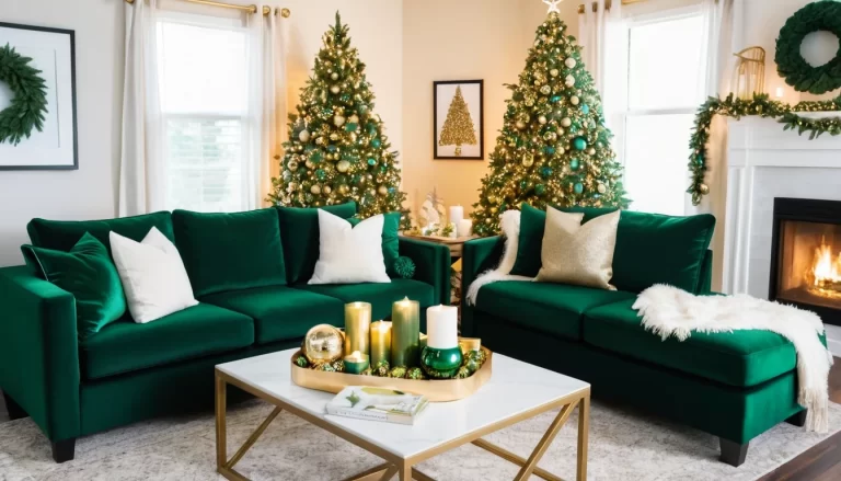 A cozy green-themed Christmas living room featuring a forest green Christmas tree with gold and white ornaments