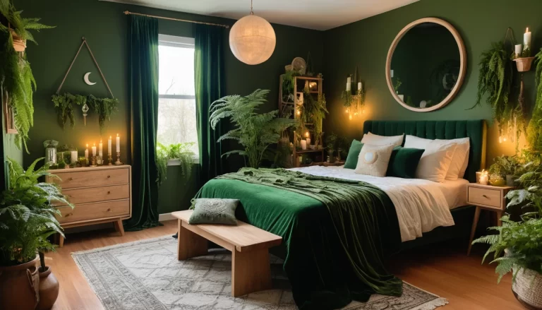 A cozy and mystical green witchy bedroom with earthy tones and magical decor.