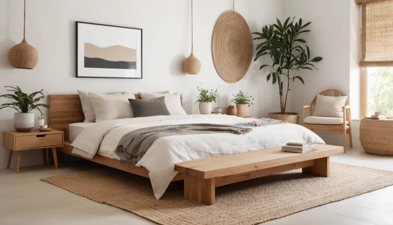 A serene, modern Japandi-style bedroom with a minimalist low-profile wooden bed, soft linen bedding in neutral tones, and a cozy layered throw blanket.