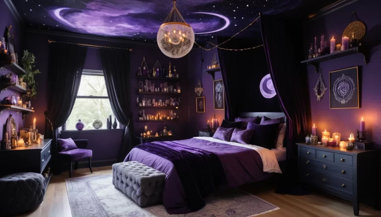 A mystical, cozy bedroom with a witchy theme in deep purple tones