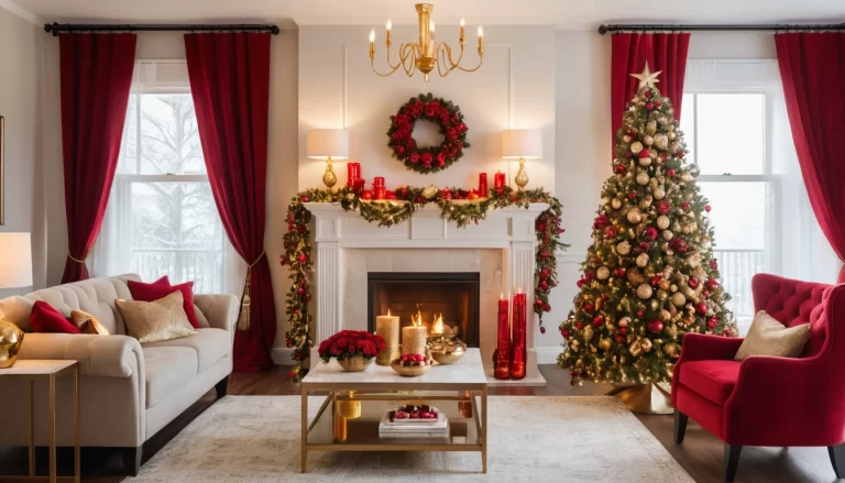 A beautifully decorated Christmas living room featuring a mix of red and gold decor.