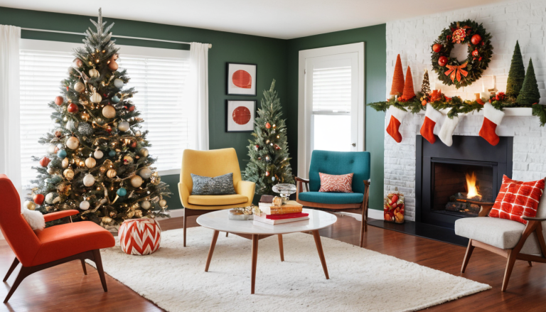 A festive and stylish mid-century modern Christmas decor scene