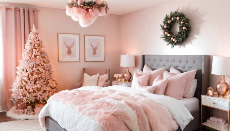 A cozy, elegant bedroom decorated for Christmas in shades of soft pink, blush, and rose gold