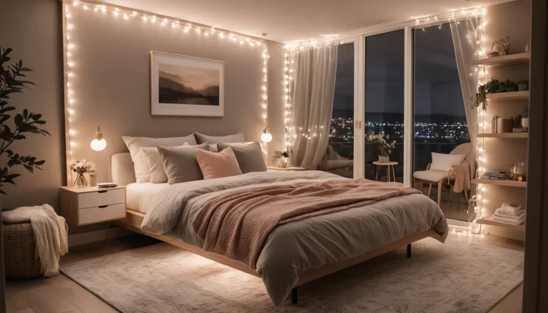 A cozy, romantic small bedroom for couples featuring a floating bed with soft underlighting, sheer canopy curtains, and fairy lights.